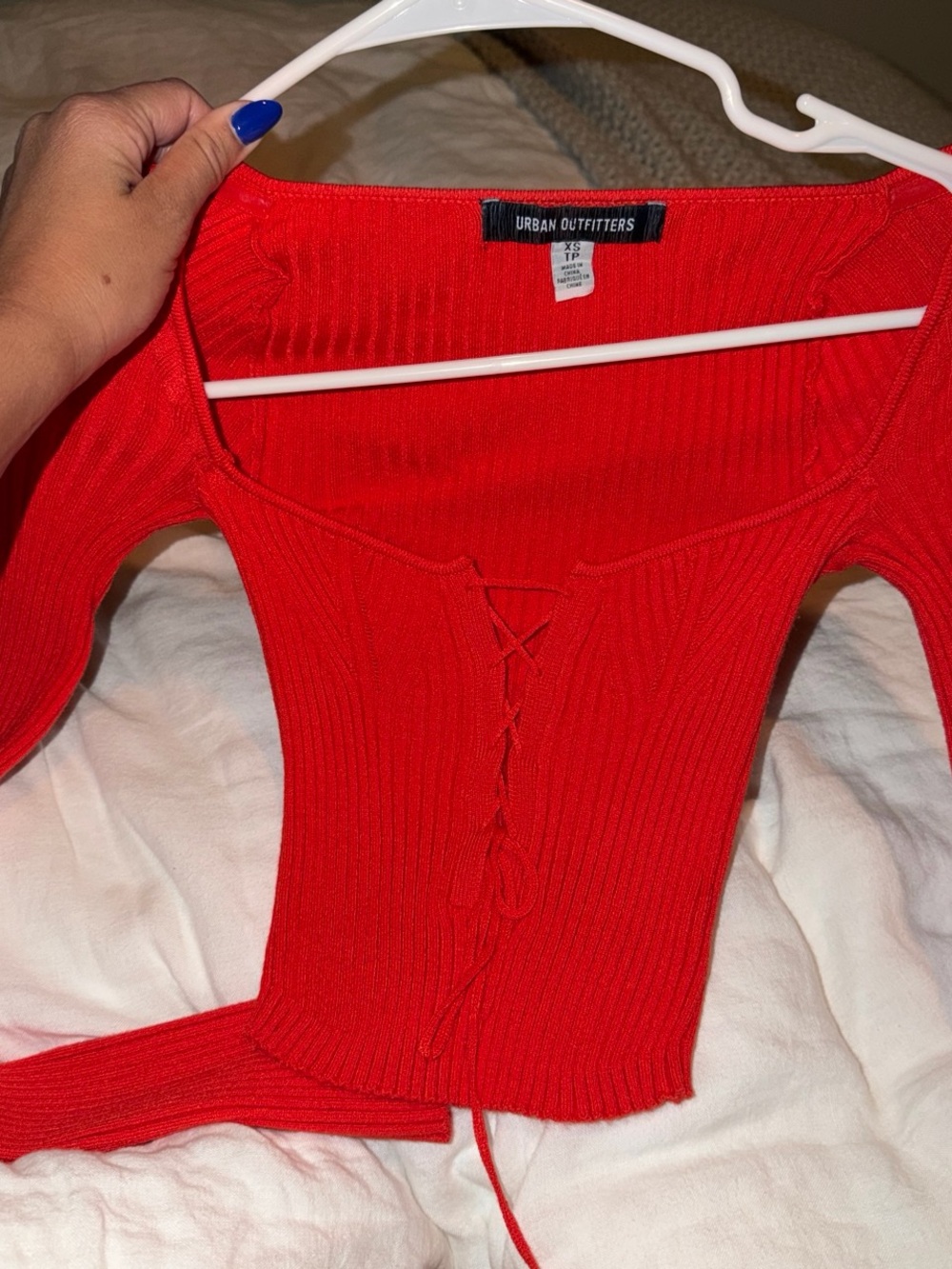 Urban Outfitters Red Ribbed Off-Shoulder Lace-Up Sweater